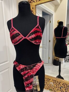 Hand beaded Pink‎ and Black Sequin Bikini